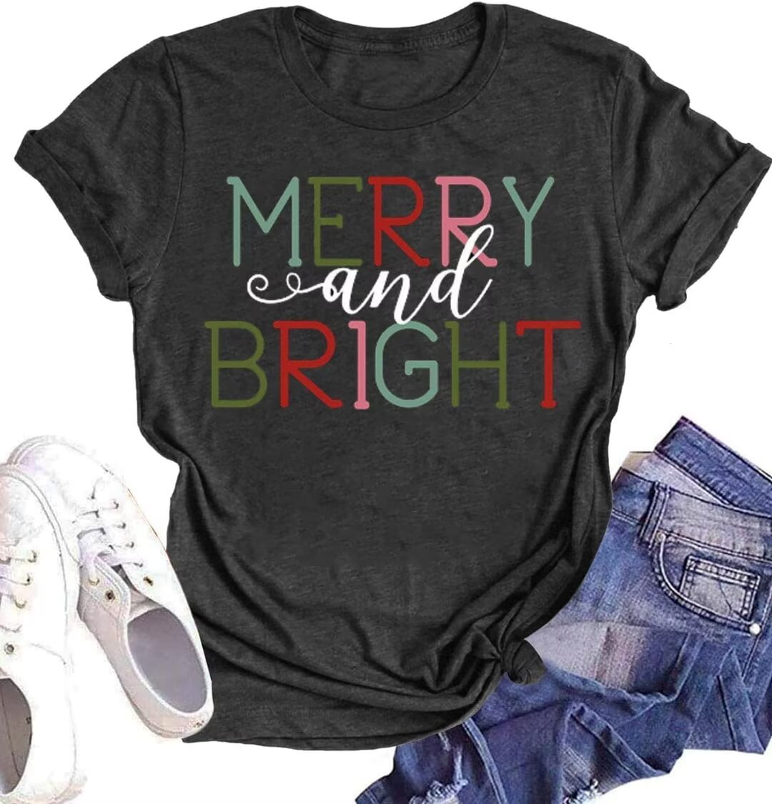 Womens Short Sleeve Merry Christmas T-Shirts Christmas Tree Bright Graphic Tee Tops (XL,Dark Grey)