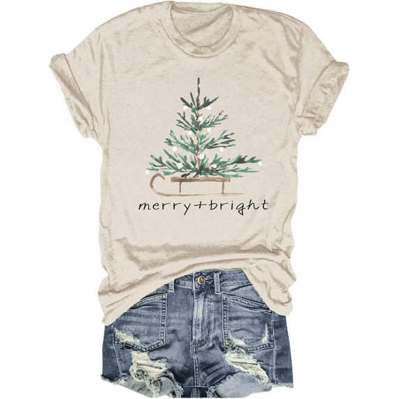 Womens Short Sleeve Merry Christmas T-Shirts Christmas Tree Bright Graphic Tee Tops (XL,Tree Beige)