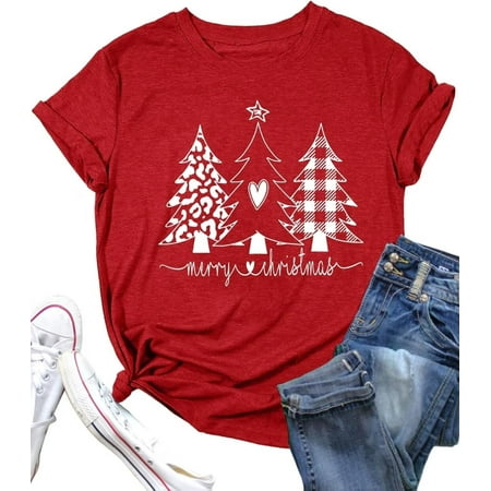 Womens Short Sleeve Merry Christmas T-Shirts Christmas Tree Bright Graphic Tee Tops (XXL,1 Red)