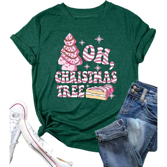 Womens Short Sleeve Merry Christmas T-Shirts Christmas Tree Bright Graphic Tee Tops