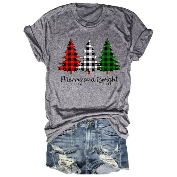 Womens Short Sleeve Merry Christmas T-Shirts Christmas Tree Bright Graphic Tee Tops