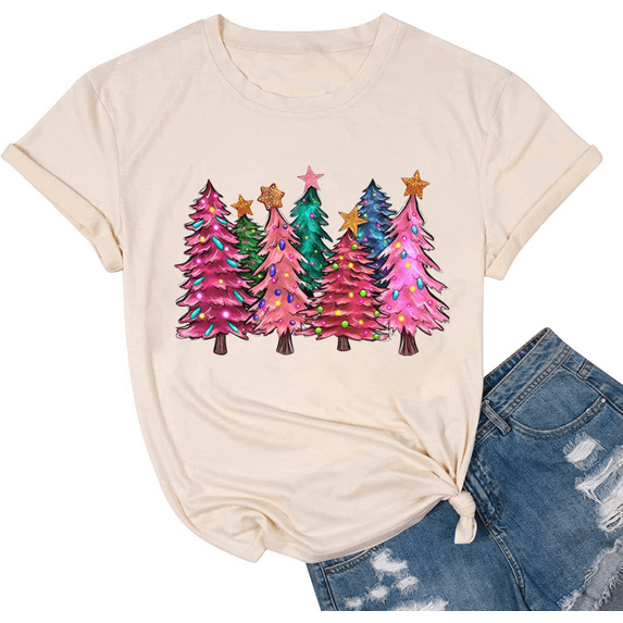 Womens Short Sleeve Merry Christmas T-Shirts Christmas Tree Bright Graphic Tee Tops