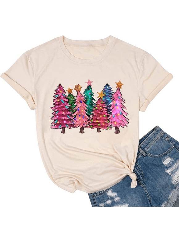 Womens Short Sleeve Merry Christmas T-Shirts Christmas Tree Bright Graphic Tee Tops