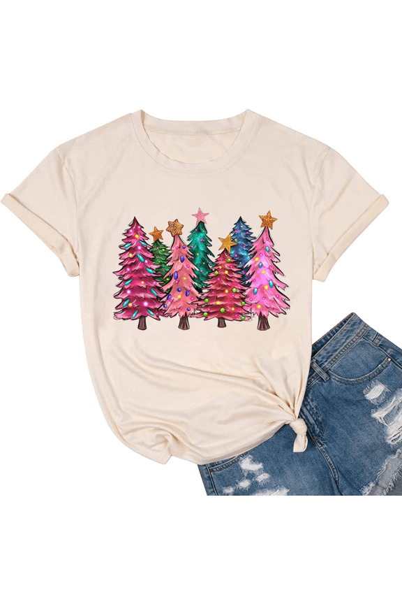 Womens Short Sleeve Merry Christmas T-Shirts Christmas Tree Bright Graphic Tee Tops