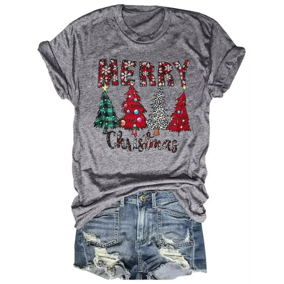 Womens Short Sleeve Merry Christmas T-Shirts Christmas Tree Bright Graphic Tee Tops