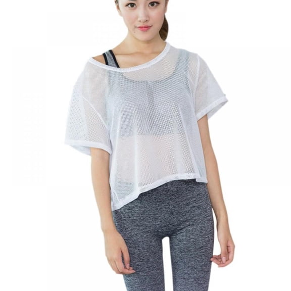 Womens Short Sleeve Mesh Top See Through Sheer Blouse Quick-Drying Sports Top T-shirt
