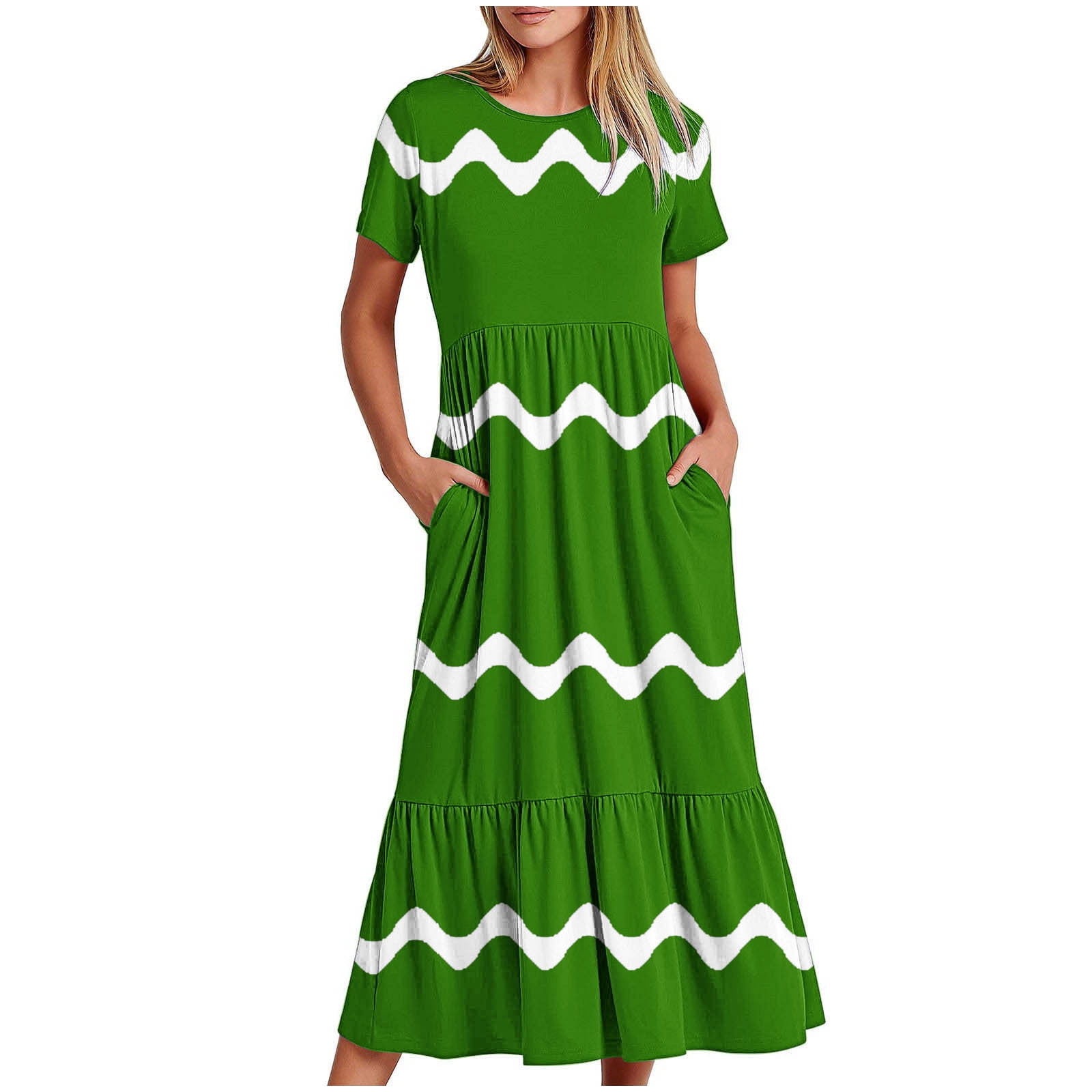 Womens Short Sleeve Mid Long Dress with Pockets Fashion Wave Striped Print Pleated Casual Tiered Maxi T-shirt Dress (Large, Army Green)