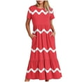 thumbnail image 1 of Womens Short Sleeve Mid Long Dress with Pockets Fashion Wave Striped Print Pleated Casual Tiered Maxi T-shirt Dress (Large, Watermelon Red), 1 of 6