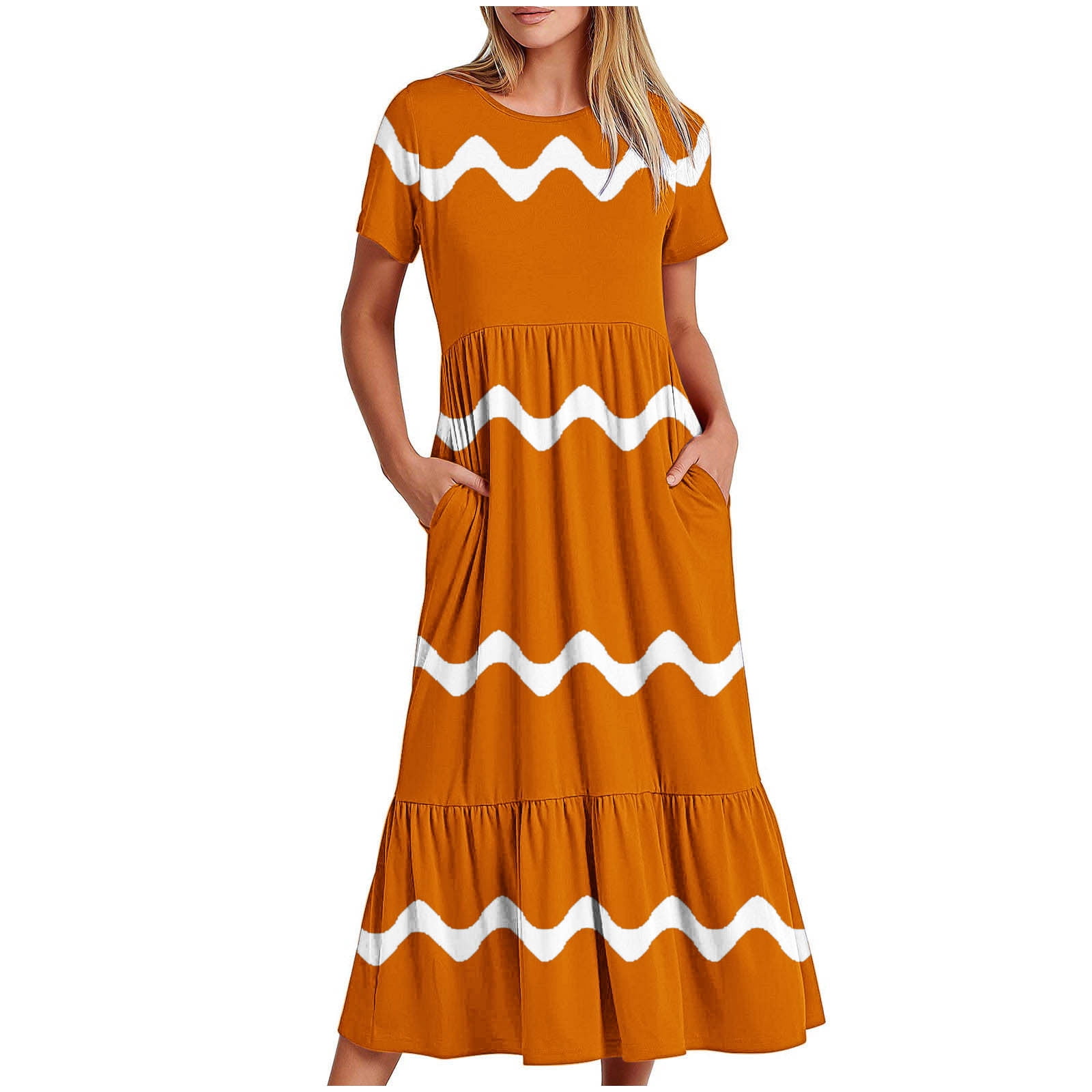 Womens Short Sleeve Mid Long Dress with Pockets Fashion Wave Striped Print Pleated Casual Tiered Maxi T-shirt Dress (Medium, Orange)