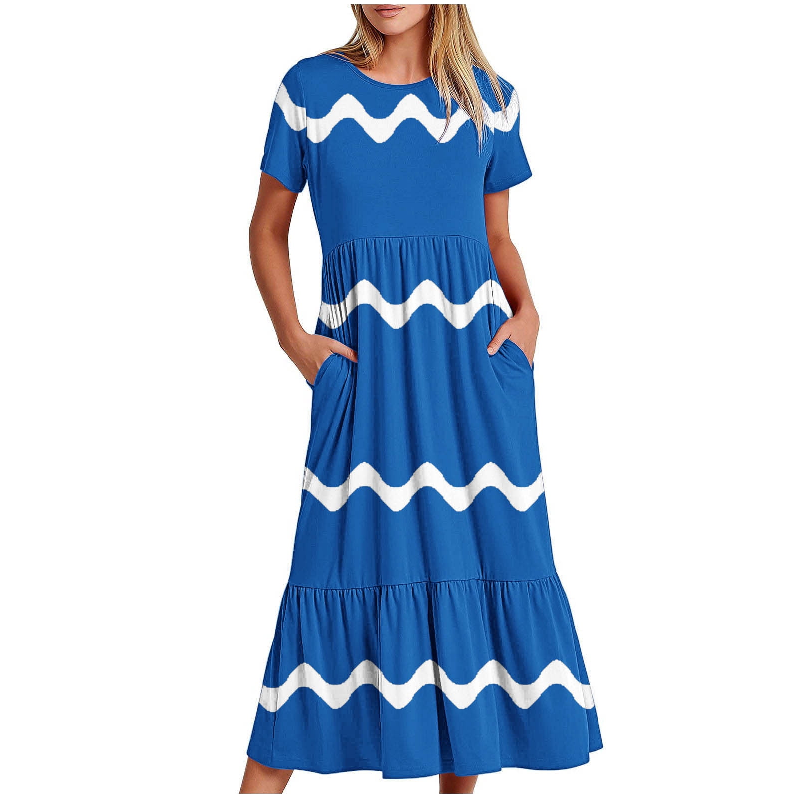 Womens Short Sleeve Mid Long Dress with Pockets Fashion Wave Striped Print Pleated Casual Tiered Maxi T-shirt Dress (X-Large, Blue)