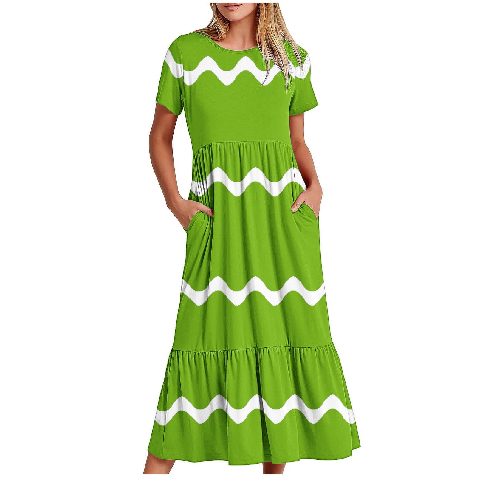Womens Short Sleeve Mid Long Dress with Pockets Fashion Wave Striped Print Pleated Casual Tiered Maxi T-shirt Dress (XX-Large, Green)