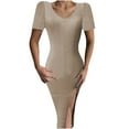 thumbnail image 1 of Womens Short Sleeve Midi Bodycon Dress V Neck Knit Ribbed Summer Split Pencil Dress Plain Elegant Party Dress, 1 of 7