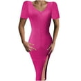 thumbnail image 1 of Womens Short Sleeve Midi Bodycon Dress V Neck Knit Ribbed Summer Split Pencil Dress Plain Elegant Party Dress, 1 of 7