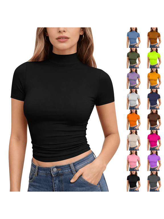 Womens Short Sleeve Mock Neck Slim Fit Ribbed Crop Top | Fashion Cap Sleeve Turtleneck Knitted Cropped tops