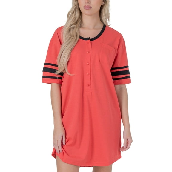 Womens Short Sleeve Nightgown with 3 Stripe Accent Sleeves Design with Pocket Niightshirt Sleepshirt, Coral Medium