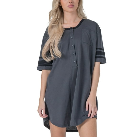 Womens Short Sleeve Nightgown with 3 Stripe Accent Sleeves Design with Pocket Niightshirt Sleepshirt, Grey Large