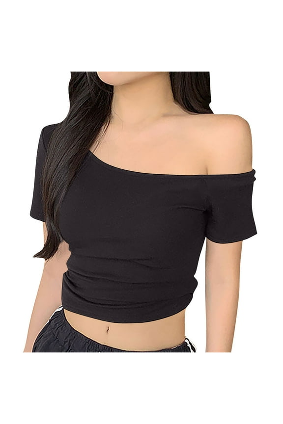Womens Short Sleeve Off Shoulder Top Solid Color Casual Blouse Summer Shirt Lightweight Comfortable for Beach Vacation Streetwear Outing