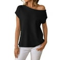 thumbnail image 1 of Womens Short Sleeve Off the Shoulder Sweaters Summer Vacation Going Out Tops Knit Pullover 2025 Black L, 1 of 8