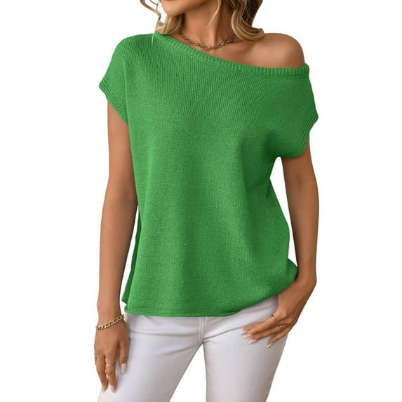 Womens Short Sleeve Off the Shoulder Sweaters Summer Vacation Going Out Tops Knit Pullover 2025 Green L
