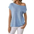 thumbnail image 1 of Womens Short Sleeve Off the Shoulder Sweaters Summer Vacation Going Out Tops Knit Pullover 2025 Light Blue L, 1 of 8
