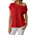 thumbnail image 1 of Womens Short Sleeve Off the Shoulder Sweaters Summer Vacation Going Out Tops Knit Pullover 2025 Red S, 1 of 8
