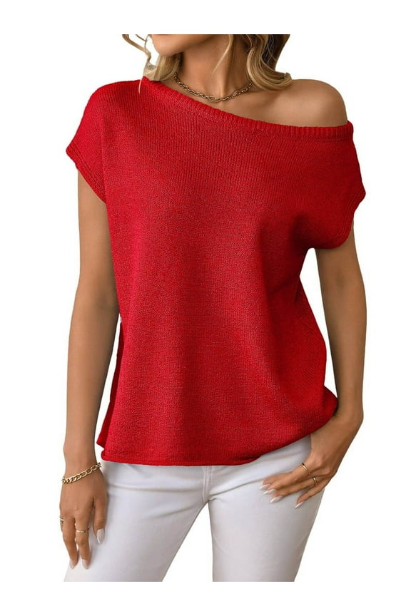 Womens Short Sleeve Off the Shoulder Sweaters Summer Vacation Going Out Tops Knit Pullover 2025 Red S