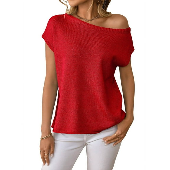 Womens Short Sleeve Off the Shoulder Sweaters Summer Vacation Going Out Tops Knit Pullover 2025 Red XL