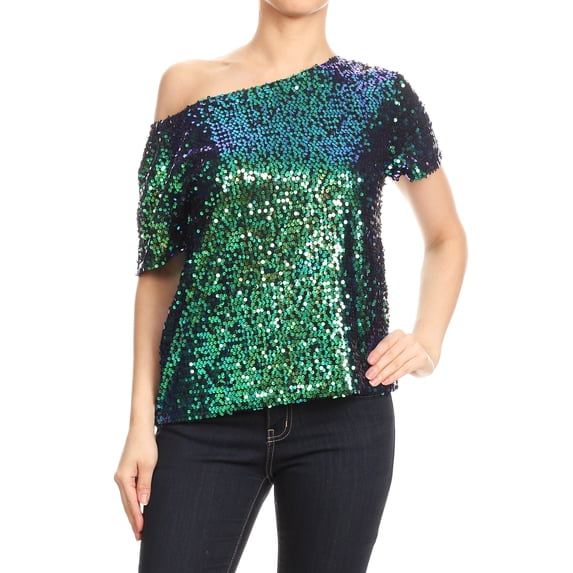 Womens Short Sleeve One Shoulder Sexy Sequin Top Blouse, Mermaid, XXX-Large