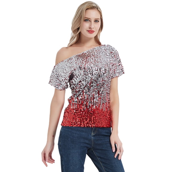 Womens Short Sleeve One Shoulder Sexy Sequin Top Blouse