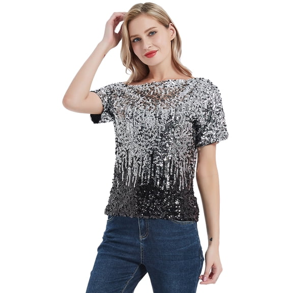 Womens Short Sleeve One Shoulder Sexy Sequin Top Blouse