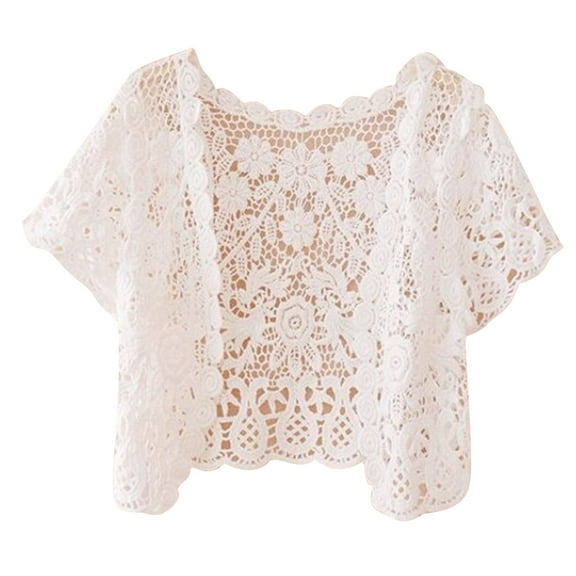 Womens Short Sleeve Open Front Lace Cardigan Floral Crochet Sheer Beach Cover Up Shrugs Crop Jackets for Dresses