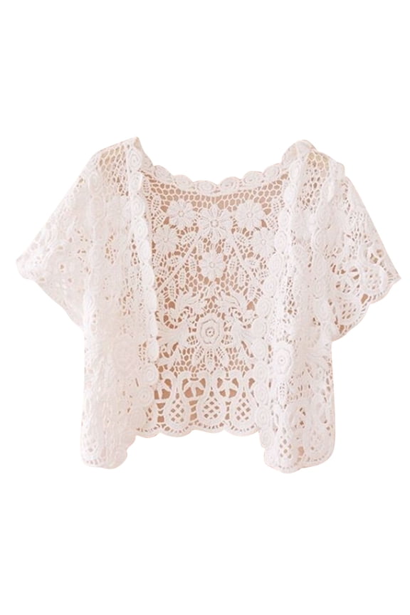 Womens Short Sleeve Open Front Lace Cardigan Floral Crochet Sheer Beach Cover Up Shrugs Crop Jackets for Dresses