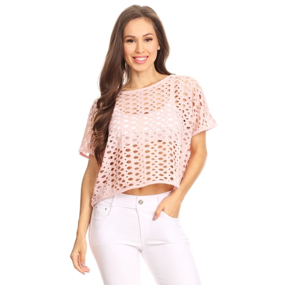 Womens Short Sleeve Oversized Perforated Fishnet Holes Crop Top (Pink, Medium)