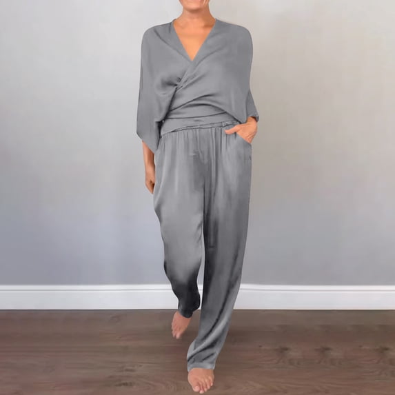 Womens Short Sleeve Pajama Sets Women Summer Dressy Satin Outfits Loose Wrap Office Shirts Matching Long Pants Business Vacation Outfits Gray XXL