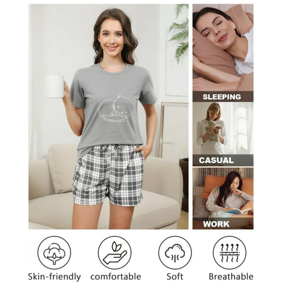Womens Short Sleeve Pajama Sets with Shorts 2 Piece Round Neck Women's Shorts Pajamas Sets Cute Print Womens Summer Sleepwear Set with Pockets, S-XXL