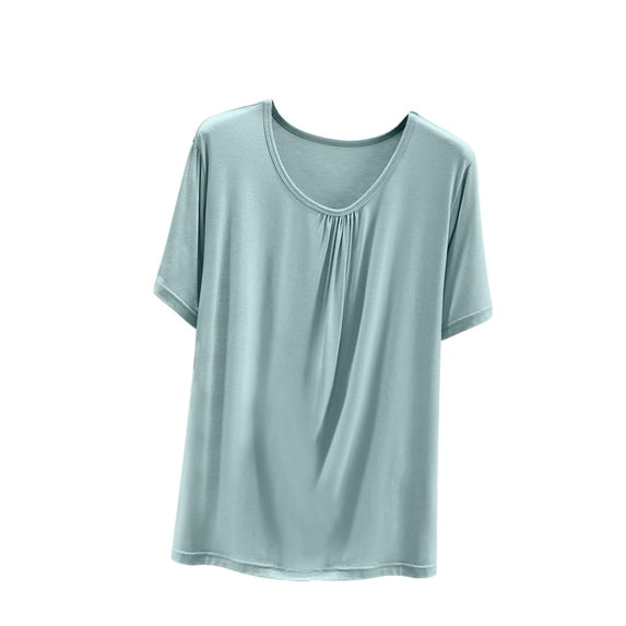 Womens Short Sleeve Pajama Shirts Summer Pleated Crew Neck Sleep Tops Casual Fashion Lightweight Loose Lounge T Shirt