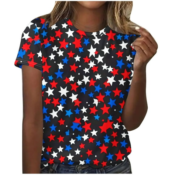 Womens Short Sleeve Patriotic Shirts 4th of July Tops for Women Casual American Flag T Shirt Summer Outfits Lounge Wear Black, M