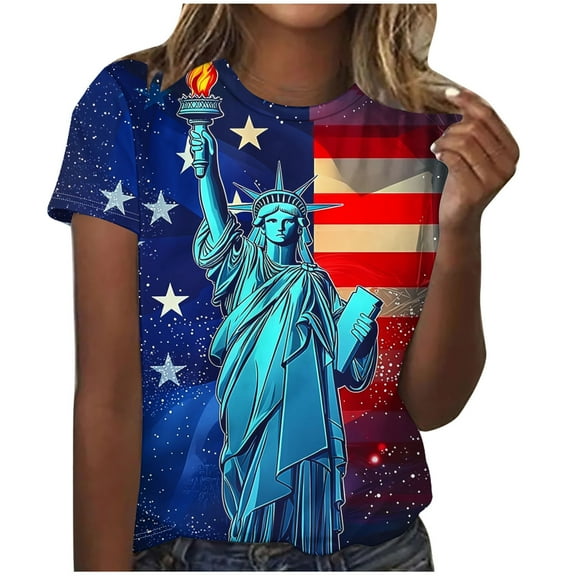 Womens Short Sleeve Patriotic Shirts 4th of July Tops for Women Casual American Flag T Shirt Summer Outfits Lounge Wear Navy, XXL