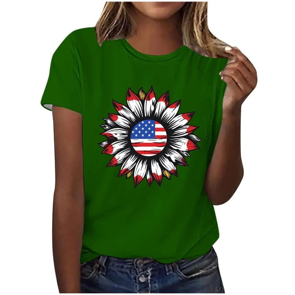 Womens Short Sleeve Patriotic Shirts 4th of July Tops for Women Casual Summer Spring Outfits Cotton Lounge Wear Green, M