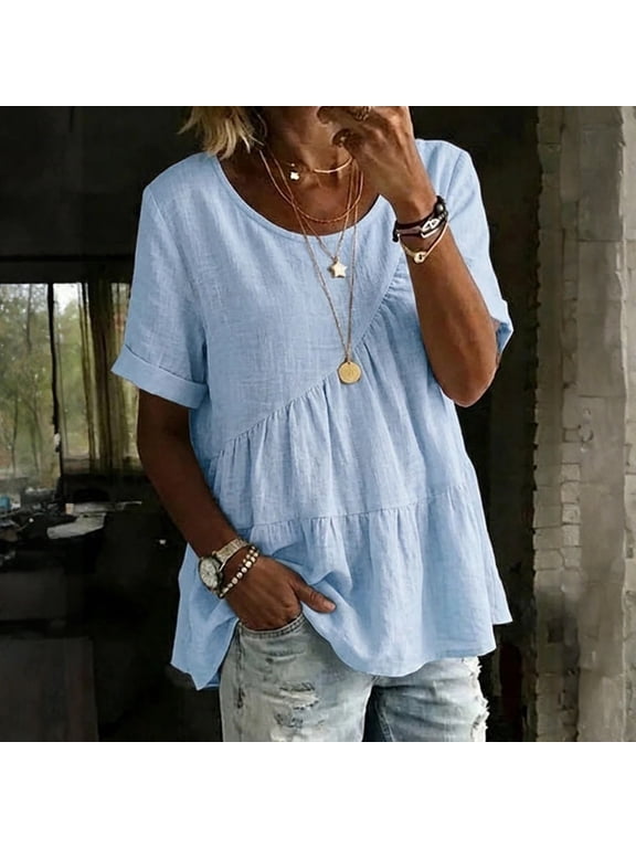 Womens Short Sleeve Peplum Babydoll Tops Summer Flowy Pleated Cotton T-Shirts Casual Loose Fit Cute Blouse Sky Blue S