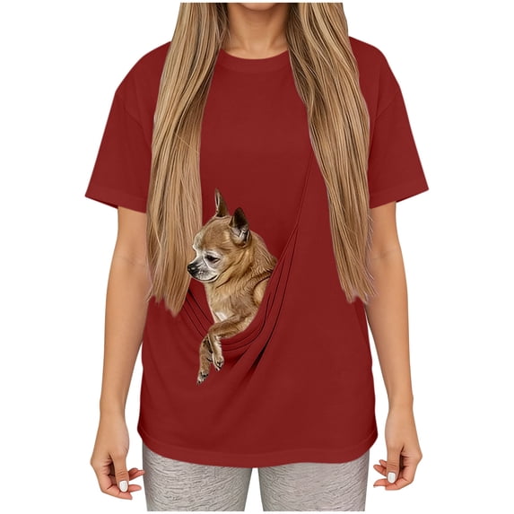 Womens Short Sleeve Pet Carrier Casual T-Shirts Summer Loose Fit Solid Color Tops, Large Dog Cat Pouch Kangaroo Pocket for Walking & Travel Outfits