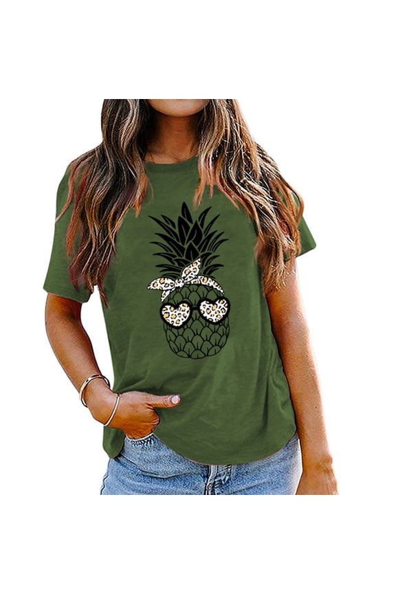 Womens Short Sleeve Pineapple Graphic Blouse T-Shirt Casual Loose O-Neck Funny Leopard Sunglasses Print Hawaiian Top