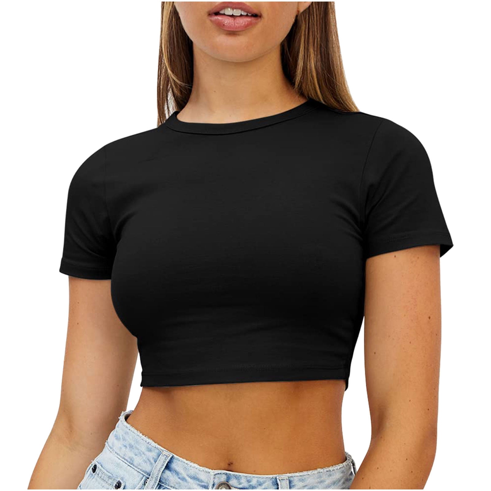 Womens Short Sleeve Plain T-Shirt Classic-Fit Round Neck Casual Crop Tops