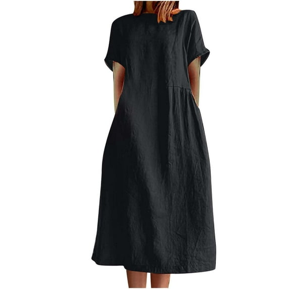Womens Short Sleeve Plus Size Cotton Linen Dress with Pockets Crewneck Tshirts Solid Color Loose Summer Dress M-3XL (Medium, Black)