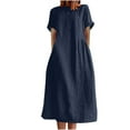 thumbnail image 1 of Womens Plus Size Cotton Linen Dress with Pockets Short Sleeve Crewneck Solid Loose Summer Tshirts Dresses (M, Navy), 1 of 5