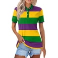 thumbnail image 1 of Womens Short Sleeve Polo Shirt Striped Print Casual Button Down Collared Top Relaxed Fit Lightweight Tee Green XL, 1 of 5