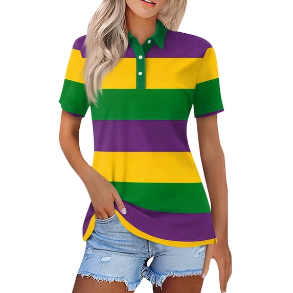 Womens Short Sleeve Polo Shirt Striped Print Casual Button Down Collared Top Relaxed Fit Lightweight Tee Green XL