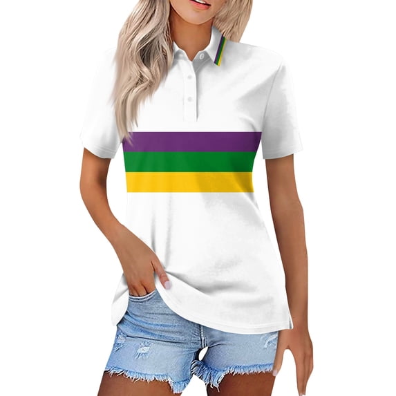 Womens Short Sleeve Polo Shirt Striped Print Casual Button Down Collared Top Relaxed Fit Lightweight Tee White M