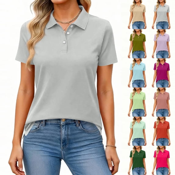 Womens Short Sleeve Polo Shirts Business Casual Collared V Neck Tops Summer Cotton Blend 3 Buttons Polos Tshirts Light Blue M