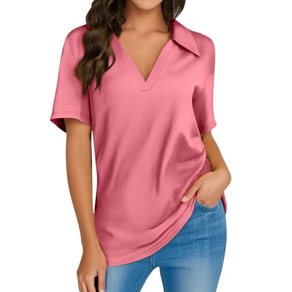 Womens Short Sleeve Polo Shirts V Neck Collared Business Dressy Casual Tops 2025 Summer Trendy Relaxed Fit Workout Blouses
